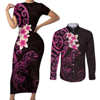 New Zealand Tuatara Plumeria Couples Matching Short Sleeve Bodycon Dress and Long Sleeve Button Shirt Maori Pink Koru Tribal Tattoo