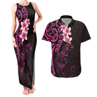 New Zealand Tuatara Plumeria Couples Matching Tank Maxi Dress and Hawaiian Shirt Maori Pink Koru Tribal Tattoo