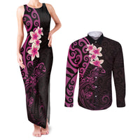 New Zealand Tuatara Plumeria Couples Matching Tank Maxi Dress and Long Sleeve Button Shirt Maori Pink Koru Tribal Tattoo