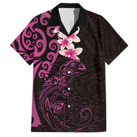 New Zealand Tuatara Plumeria Family Matching Short Sleeve Bodycon Dress and Hawaiian Shirt Maori Pink Koru Tribal Tattoo