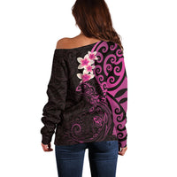 New Zealand Tuatara Plumeria Off Shoulder Sweater Maori Pink Koru Tribal Tattoo