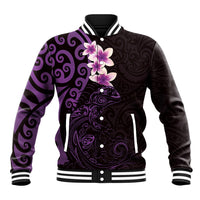 New Zealand Tuatara Plumeria Baseball Jacket Maori Purple Koru Tribal Tattoo
