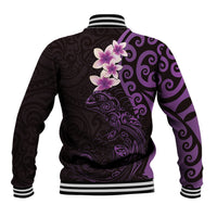 New Zealand Tuatara Plumeria Baseball Jacket Maori Purple Koru Tribal Tattoo
