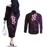 New Zealand Tuatara Plumeria Couples Matching Off The Shoulder Long Sleeve Dress and Long Sleeve Button Shirt Maori Purple Koru Tribal Tattoo