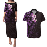 New Zealand Tuatara Plumeria Couples Matching Puletasi and Hawaiian Shirt Maori Purple Koru Tribal Tattoo