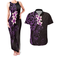 New Zealand Tuatara Plumeria Couples Matching Tank Maxi Dress and Hawaiian Shirt Maori Purple Koru Tribal Tattoo
