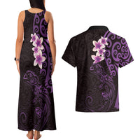 New Zealand Tuatara Plumeria Couples Matching Tank Maxi Dress and Hawaiian Shirt Maori Purple Koru Tribal Tattoo