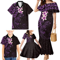 New Zealand Tuatara Plumeria Family Matching Mermaid Dress and Hawaiian Shirt Maori Purple Koru Tribal Tattoo