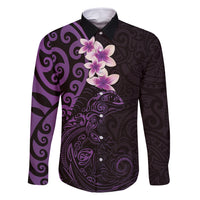 New Zealand Tuatara Plumeria Family Matching Off Shoulder Maxi Dress and Hawaiian Shirt Maori Purple Koru Tribal Tattoo