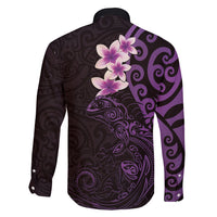 New Zealand Tuatara Plumeria Family Matching Tank Maxi Dress and Hawaiian Shirt Maori Purple Koru Tribal Tattoo