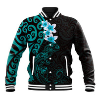 New Zealand Tuatara Plumeria Baseball Jacket Maori Teal Koru Tribal Tattoo
