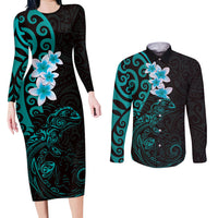 New Zealand Tuatara Plumeria Couples Matching Long Sleeve Bodycon Dress and Long Sleeve Button Shirt Maori Teal Koru Tribal Tattoo