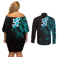 New Zealand Tuatara Plumeria Couples Matching Off Shoulder Short Dress and Long Sleeve Button Shirt Maori Teal Koru Tribal Tattoo