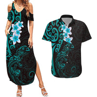 New Zealand Tuatara Plumeria Couples Matching Summer Maxi Dress and Hawaiian Shirt Maori Teal Koru Tribal Tattoo