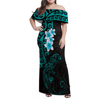 New Zealand Tuatara Plumeria Family Matching Off Shoulder Maxi Dress and Hawaiian Shirt Maori Teal Koru Tribal Tattoo