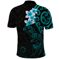 New Zealand Tuatara Plumeria Polo Shirt Maori Teal Koru Tribal Tattoo