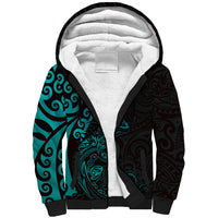 New Zealand Tuatara Plumeria Sherpa Hoodie Maori Teal Koru Tribal Tattoo