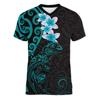 New Zealand Tuatara Plumeria Women V-Neck T-Shirt Maori Teal Koru Tribal Tattoo