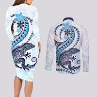 Blue Maori Tuatara Couples Matching Long Sleeve Bodycon Dress and Long Sleeve Button Shirt Luxury Pastel Pattern