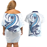 Blue Maori Tuatara Couples Matching Off Shoulder Short Dress and Hawaiian Shirt Luxury Pastel Pattern