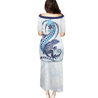 Blue Maori Tuatara Family Matching Puletasi and Hawaiian Shirt Luxury Pastel Pattern