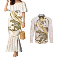 Gold Maori Tuatara Couples Matching Mermaid Dress and Long Sleeve Button Shirt Luxury Pastel Pattern