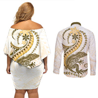 Gold Maori Tuatara Couples Matching Off Shoulder Short Dress and Long Sleeve Button Shirt Luxury Pastel Pattern
