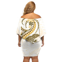 Gold Maori Tuatara Off Shoulder Short Dress Luxury Pastel Pattern