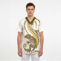 Gold Maori Tuatara Scrub Top Luxury Pastel Pattern - Polynesian Pride