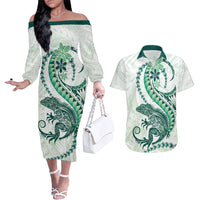 Green Maori Tuatara Couples Matching Off The Shoulder Long Sleeve Dress and Hawaiian Shirt Luxury Pastel Pattern LT01 Green - Polynesian Pride
