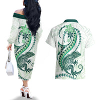 Green Maori Tuatara Couples Matching Off The Shoulder Long Sleeve Dress and Hawaiian Shirt Luxury Pastel Pattern LT01 - Polynesian Pride