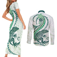 Green Maori Tuatara Couples Matching Short Sleeve Bodycon Dress and Long Sleeve Button Shirt Luxury Pastel Pattern