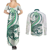 Green Maori Tuatara Couples Matching Summer Maxi Dress and Long Sleeve Button Shirt Luxury Pastel Pattern LT01 - Polynesian Pride