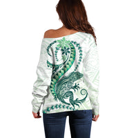 Green Maori Tuatara Off Shoulder Sweater Luxury Pastel Pattern