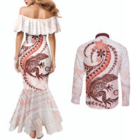 Red Maori Tuatara Couples Matching Mermaid Dress and Long Sleeve Button Shirt Luxury Pastel Pattern