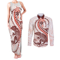 Red Maori Tuatara Couples Matching Tank Maxi Dress and Long Sleeve Button Shirt Luxury Pastel Pattern