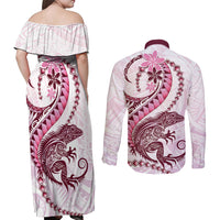 Pink Maori Tuatara Couples Matching Off Shoulder Maxi Dress and Long Sleeve Button Shirt Luxury Pastel Pattern