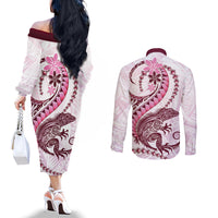 Pink Maori Tuatara Couples Matching Off The Shoulder Long Sleeve Dress and Long Sleeve Button Shirt Luxury Pastel Pattern