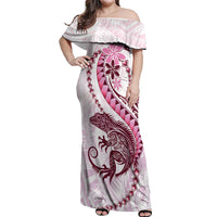 Pink Maori Tuatara Off Shoulder Maxi Dress Luxury Pastel Pattern