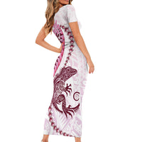 Pink Maori Tuatara Short Sleeve Bodycon Dress Luxury Pastel Pattern LT01 - Polynesian Pride