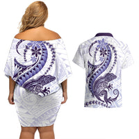 Purple Maori Tuatara Couples Matching Off Shoulder Short Dress and Hawaiian Shirt Luxury Pastel Pattern