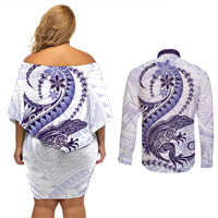 Purple Maori Tuatara Couples Matching Off Shoulder Short Dress and Long Sleeve Button Shirt Luxury Pastel Pattern