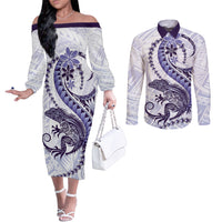 Purple Maori Tuatara Couples Matching Off The Shoulder Long Sleeve Dress and Long Sleeve Button Shirt Luxury Pastel Pattern LT01 Purple - Polynesian Pride