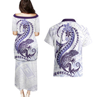 Purple Maori Tuatara Couples Matching Puletasi and Hawaiian Shirt Luxury Pastel Pattern