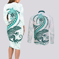 Teal Maori Tuatara Couples Matching Long Sleeve Bodycon Dress and Long Sleeve Button Shirt Luxury Pastel Pattern