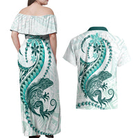 Teal Maori Tuatara Couples Matching Off Shoulder Maxi Dress and Hawaiian Shirt Luxury Pastel Pattern LT01 - Polynesian Pride