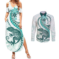 Teal Maori Tuatara Couples Matching Summer Maxi Dress and Long Sleeve Button Shirt Luxury Pastel Pattern