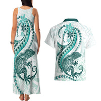 Teal Maori Tuatara Couples Matching Tank Maxi Dress and Hawaiian Shirt Luxury Pastel Pattern