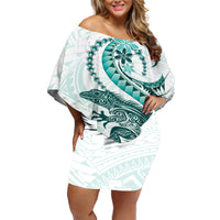 Teal Maori Tuatara Off Shoulder Short Dress Luxury Pastel Pattern