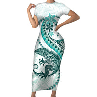 Teal Maori Tuatara Short Sleeve Bodycon Dress Luxury Pastel Pattern LT01 Long Dress Teal - Polynesian Pride